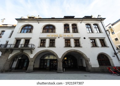 MUNICH, GERMANY - FEBRUARY 20, 2021: The Famous Hofbräuhaus In Munich.