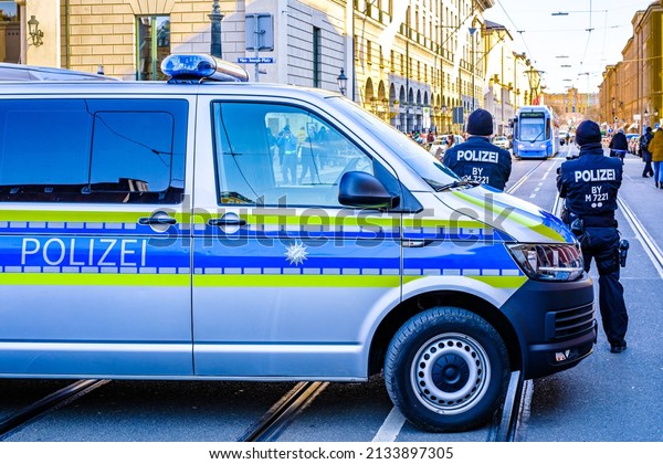 Munich, Germany - February\
27: typical german police car at the old town in Munich on February\
27, 2022