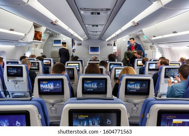 Munich, Germany – February 9, 2017: Lufthansa Premium Economy Class Cabin In An Airbus A350 Airplane At Munich Airport (MUC) In Germany.