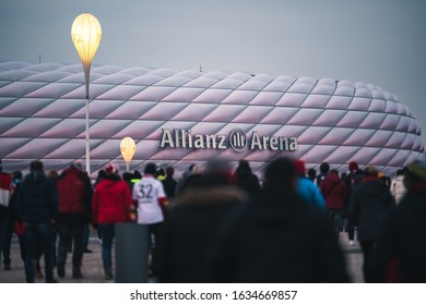 MUNICH, GERMANY - Jan 25, 2020: Fans Walking To Allianz Arena, Home Stadium Of Famous German Football Club FC Bayern MÃ¼nchen To See A Soccer Match.