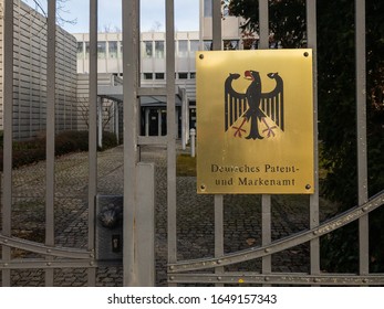 MUNICH, GERMANY - Jan 29, 2020: The entrance gate of the german patent office with the official sign.