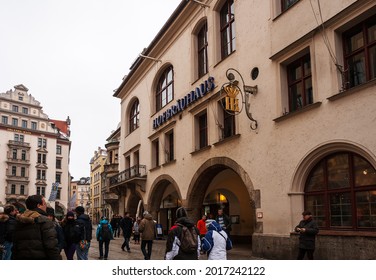 MUNICH, GERMANY - JANUARY 01, 2011: Hofbräuhaus Am Platzl, A Crowd Of People Near Munich's Most Famous Beer Restaurant