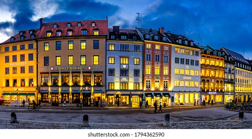 Munich, Germany - January 20: historic facades and stores of the famous Residenstrasse Street in munich on January 20, 2020