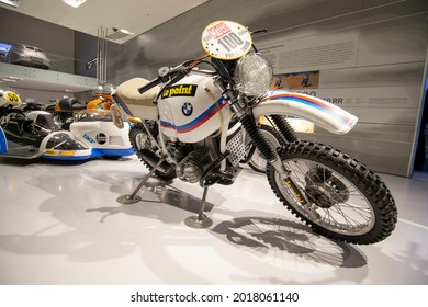 MUNICH, GERMANY - JANUARY 29, 2015: BMW Paris Dakar Competition Motorcycle On Display In BMW World Museum.