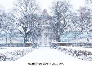 Munich, Germany - January 9, 2019: Winter View Of Hofgarten (garden Of The Munich Residenz) And Dome Of Bayerische Staatskanzlei - Bavarian State Chancellery