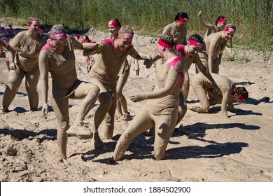 Munich, Germany - July 1, 2018: Team Spirit And Fun During Muddy Angels Breast Cancer Beneficial Event