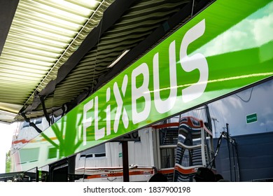 Munich, Germany - July 13, 2020: Green FlixBus Signage. German Brand Owned By FlixMobility GmbH Offering Intercity Bus Service In Europe And The United States