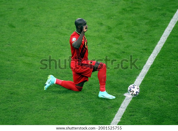 MUNICH, GERMANY -\
July 2, 2021: \
\
Romelu Lukaku of Belgium takes the knee to\
protest against racism\
\
during the UEFA Euro 2020\
\
Belgium v\
Italy at Allianz Arena\
Stadium.\
\

