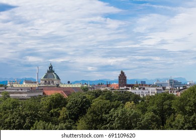 Munich, Germany - July 30, 2017: Munich wide panorama of the old city center, Bavaria, Germany. Rooftop cafe of the Technical University, with contemporary decor & terrace with panoramic views.