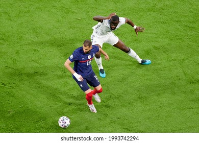 MUNICH, GERMANY - JUNE 15, 2021: Karim Benzema (19) Vs Antonio RŸdiger (2) EURO 2020. The Football Match France Vs Germany