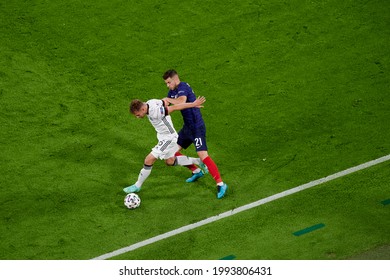 MUNICH, GERMANY - JUNE 15, 2021: Lucas Hernandez (21) Vs Joshua Kimmich (6) EURO 2020. The Football Match France Vs Germany