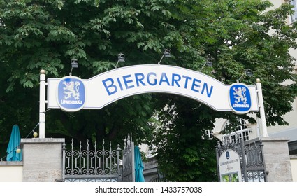 MUNICH, GERMANY - JUNE 20, 2019: BierGarten Of Löwenbräu Brewery In Munich