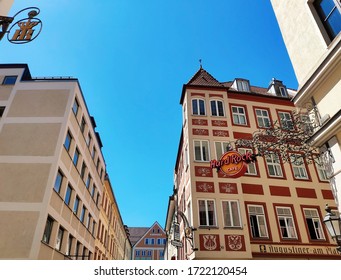 Munich, Germany - June 28, 2019: Sign Of The Hard Rock Cafe In Munich, The Logo Stands For The Music Memorabilia Of The Rock And Roll Age