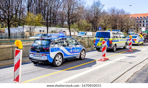 Munich, Germany - March\
29: Police Car at a demonstration in Munich, Ludwigstrasse on March\
29, 2019