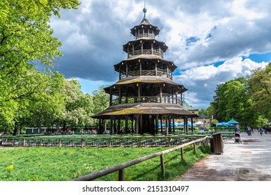 Munich, Germany - May 09, 2019: The historic tower "Chinesischer Turm" of Munich in English Garden. Chinese Tower and Beer Garden, Englischer Garten, Munich.