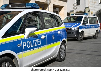 Munich, Germany, May 2022: Police Patrol Car Parked On The Street In Germany. German Police Cars On The Street. Side View Of A Police Car With The Lettering 