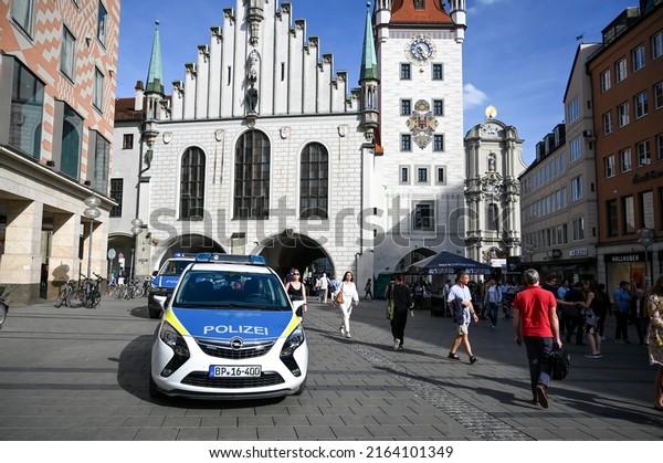 Munich,\
Germany, May 2022: Police patrol car parked on the street in\
Germany. German police cars on the street. \
