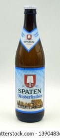 Munich, Germany - May 5, 2019: Bottle Of Spaten Oktoberfestbier, A Märzen / Oktoberfest Bier Styled Beer Brewed By 
Spaten-Franziskaner-Bräu (AB InBev).