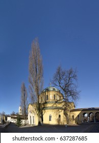 MUNICH, GERMANY - NOV 28, 2016: Chapel Of Famous West Cemetery Of Munich, Germany With Historic Gravestones, Most Famous Is Grave Of Persian Queen Soraya.