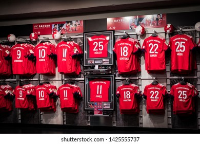 MUNICH, GERMANY - NOVEMBER 25, 2018 : Store Of Sports Clothing And Souvenirs Of The Bavaria Munich Football Team On The Territory Of Allianz Arena.