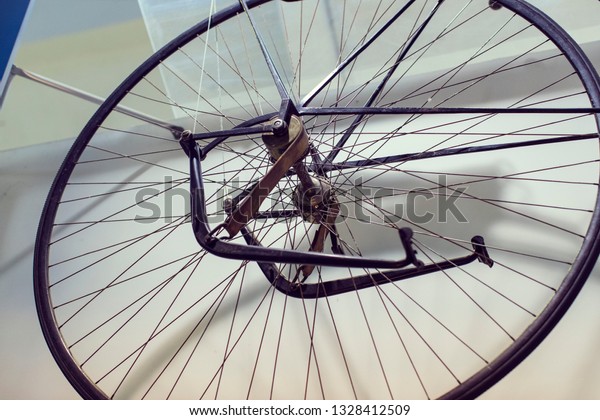 MUNICH,\
GERMANY - NOVEMBER 26, 2018 : Exhibition of bicycle models and the\
development process of the bicycle industry to the Munich Transport\
Museum (Deutsches Museum Verkehrszentrum).\
