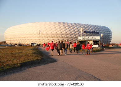 MUNICH, GERMANY - OCTOBER 18, 2017: Football Fans Outside Allianz Arena In Munich, Germany