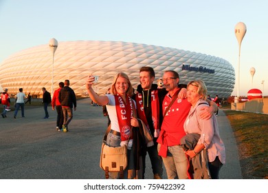 MUNICH, GERMANY - OCTOBER 18, 2017: Football Fans Outside Allianz Arena In Munich, Germany