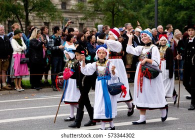 MUNICH, GERMANY - October 3, 2015: Parade On Occasion Of Octoberfest - World's Largest Folk Festival, Held Annually In Munich, Bavaria, Germany