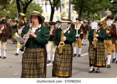 MUNICH, GERMANY - October 3, 2015: Parade On Occasion Of Octoberfest - World's Largest Folk Festival, Held Annually In Munich, Bavaria, Germany