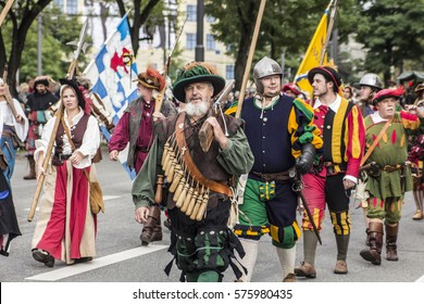 MUNICH, GERMANY - October 3, 2015: Parade On Occasion Of Octoberfest - World's Largest Folk Festival, Held Annually In Munich, Bavaria, Germany