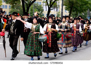 MUNICH, GERMANY - October 3, 2015: Parade On Occasion Of Octoberfest - World's Largest Folk Festival, Held Annually In Munich, Bavaria, Germany