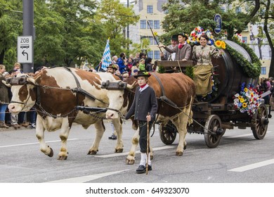 MUNICH, GERMANY - October 3, 2015: Parade On Occasion Of Octoberfest - World's Largest Folk Festival, Held Annually In Munich, Bavaria, Germany