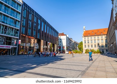 Munich, Germany, on August 16, 2018. People walk in the pedestrian zone of the old city of Alstadt. 