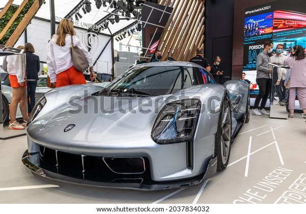 Munich, Germany -\
Sep 07, 2021: IAA Mobility Open Space. Porsche electric concept\
car. Future mobility\
concept