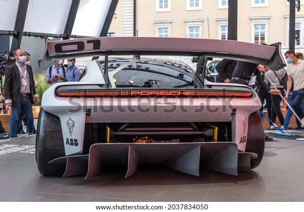 Munich, Germany -\
Sep 07, 2021: IAA Mobility Open Space. Porsche electric concept\
car. Future mobility\
concept
