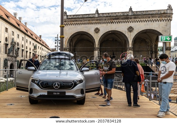 Munich, Germany - Sep 07, 2021: IAA Mobility Open\
Space. Mercedes Benz Motor Show at Odeon Square. Future mobility\
concept