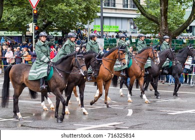 MUNICH, GERMANY - SEPTEMBER 16, 2017: Octoberfest 2017 In Munich, Bavaria, Germany. Female Police Officers On Horseback On The Traditional Costume Parade