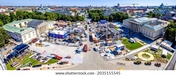 Munich, Germany -\
September 2: Construction of the IAA (Internationale Auto\
Ausstellung - translation: international auto exhibition) trade\
fair in Munich on September 2,\
2021
