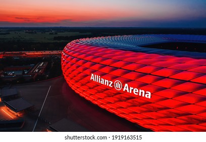 Munich, Germany - September 2020: Glowing Allianz Arena Stadium 