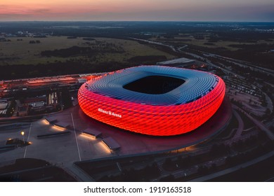 Munich, Germany - September 2020: Glowing Allianz Arena Stadium 