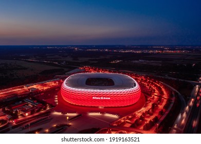 Munich, Germany - September 2020: Glowing Allianz Arena Stadium 