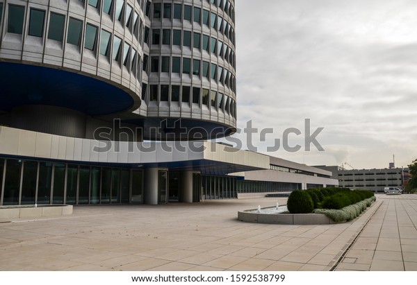 MUNICH, GERMANY September 24 2019:\
Four-cylinder tower of Headquarter and museum of famous car maker\
BMW is located near the Olympiapark in Munich, Germany\
