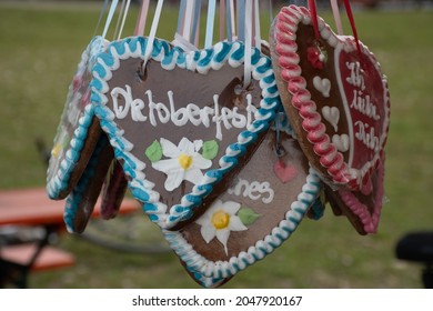 Munich, Germany - September 26, 2021: Oktoberfest Gingerbread Heart For Sale At A Stand Set Up On The Theresienwiese.