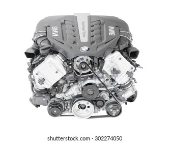 Munich, Germany - September 28, 2014: New Modern Flagship Top Model Of Irresistibly Dynamic And Incredibly Efficient BMW TwinPower Turbo V8-cylinder Top-of-the-range Petrol Car Engine Isolated.