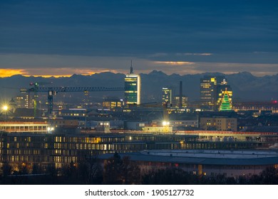 Munich Night Skyline Skyscrapers Downtown View.