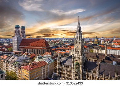 Munich sunset panoramic architecture, Bavaria, Germany. Frauenkirche and town hall on Marienplatz