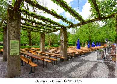 Munich,Germany-April 27,2019:an Empty Beer Garden In The Center Of Munich.