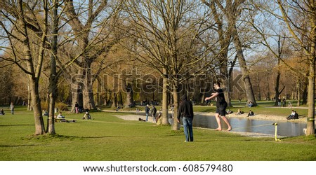 Munich Germany March 232017 A Man Walks On Slackline Stock Photo