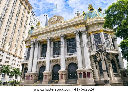 The Municipal Theatre, built in an Art Nouveau style inspired by the Paris Opera, was completed in 1909 in downtown Rio de Janeiro, Brazil