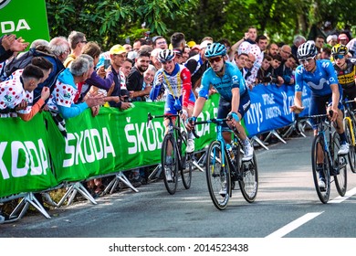 MUR DE BRETAGNE, FRANCE - Jun 27, 2021: A Professional French Cyclist David Gaudu Cycling With Others In Brittany, France